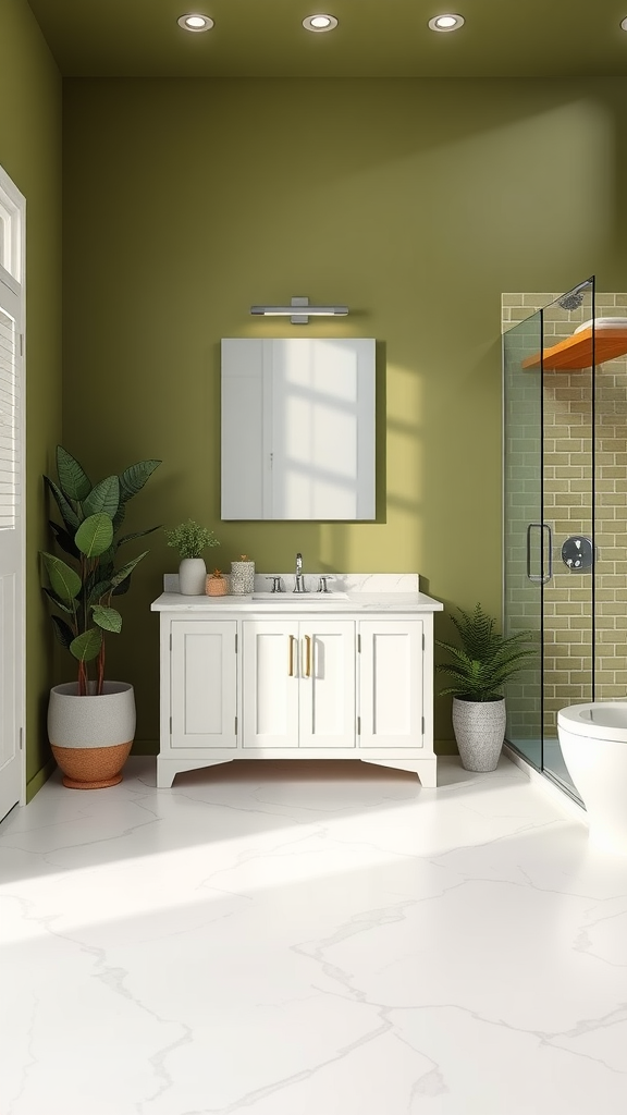 A modern bathroom featuring lush olive green walls, a white vanity with gold accents, and a glass shower.