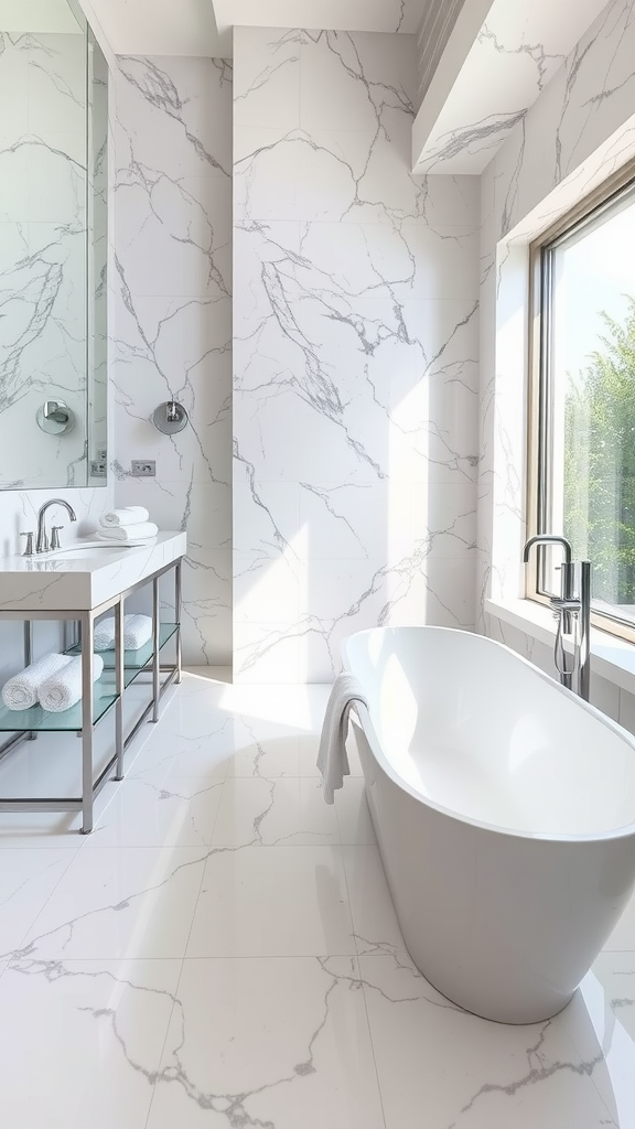 A luxurious bathroom with marble walls and floor, a modern bathtub, and a stylish vanity with silver accents.