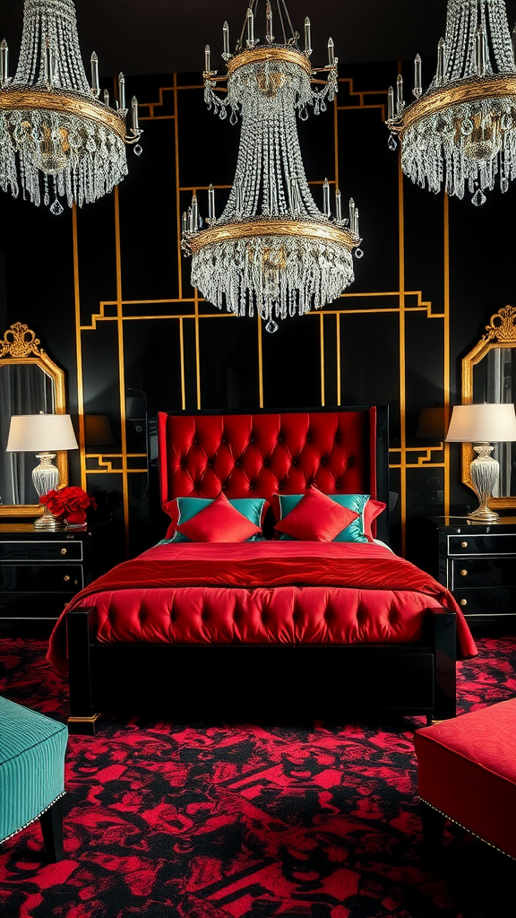 Luxurious Art Deco bedroom featuring a red tufted bed, black lacquered furniture, crystal chandeliers, and gold geometric wall accents.