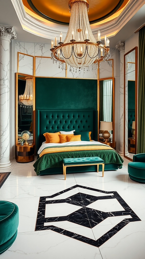 Luxurious Art Deco bedroom featuring a green velvet headboard, marble flooring, and elegant chandelier.