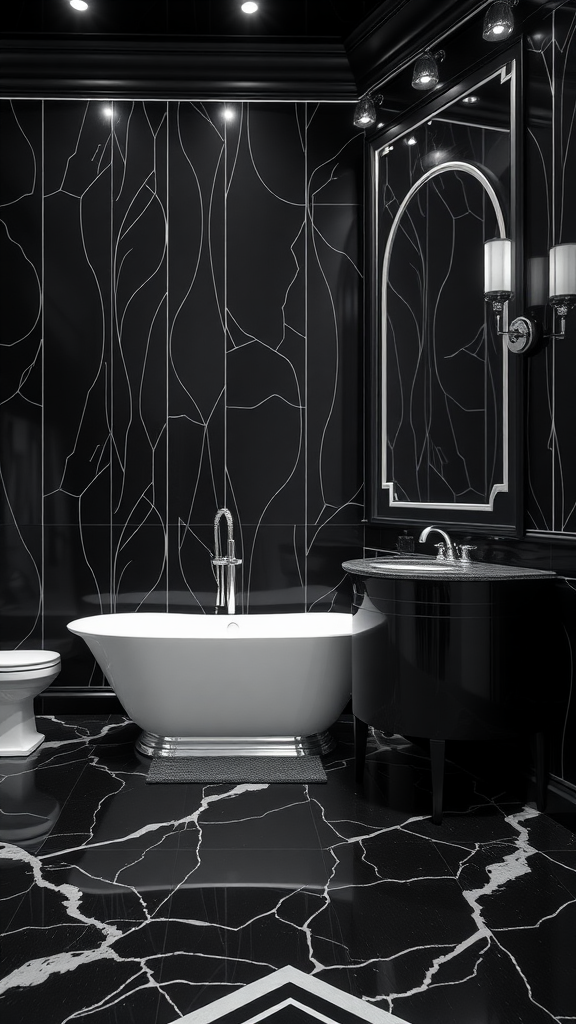 Luxurious Art Deco bathroom featuring black and platinum design with a freestanding tub