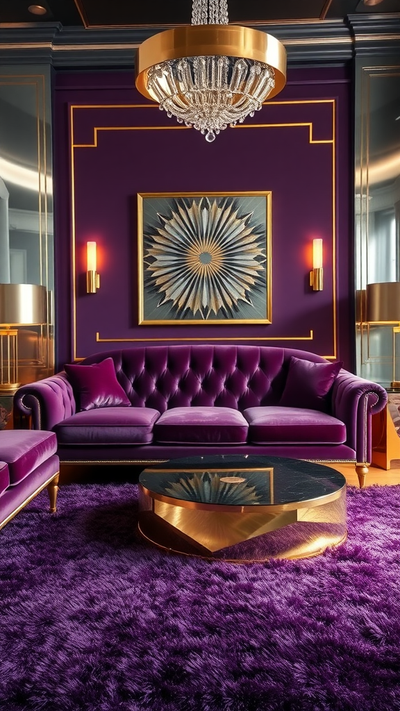 Luxurious Art Deco living room featuring a purple velvet sofa, gold accents, and a geometric artwork.