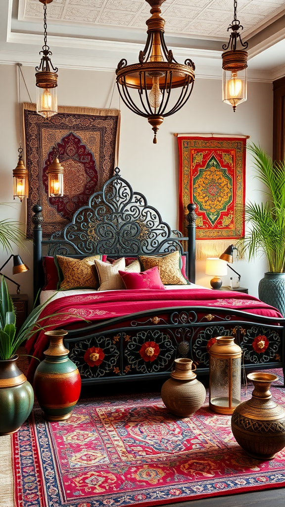 Luxurious Moroccan bohemian bedroom with ornate bed, colorful textiles, and decorative pottery