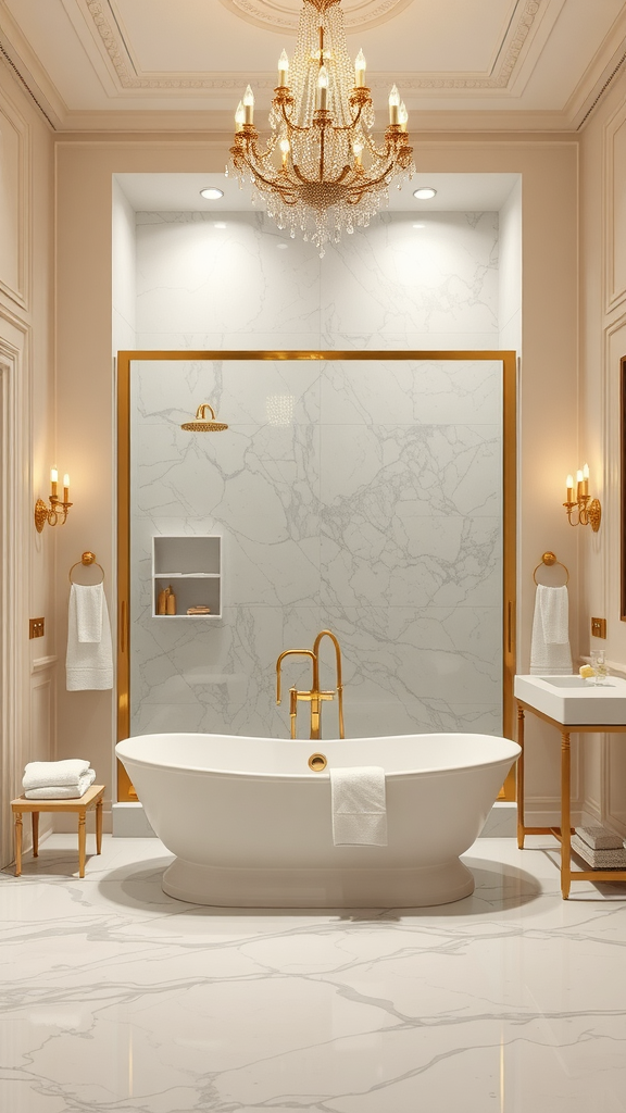Luxurious bathroom featuring a freestanding bathtub, marble walls, gold accents, and a chandelier.