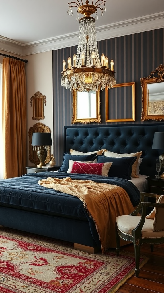 A luxury bohemian bedroom featuring a chandelier, navy bed, and ornate decor.