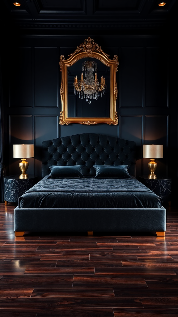 A luxurious dark bedroom featuring a tufted bed, elegant lamps, and a golden-framed mirror.