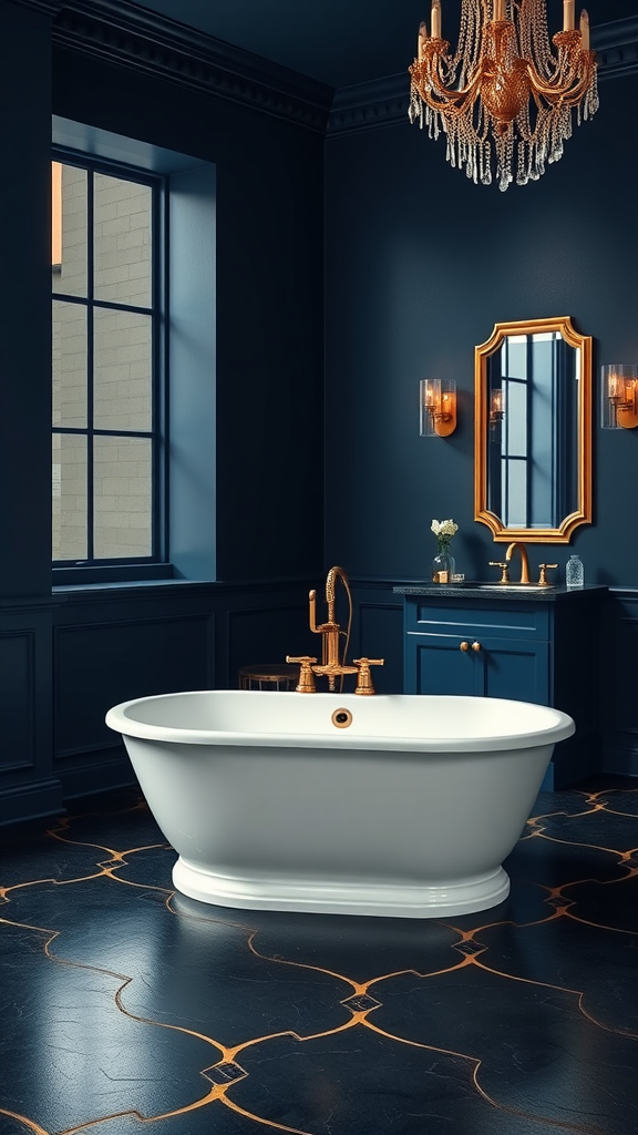 Luxury dark blue bathroom featuring a white bathtub and gold accents