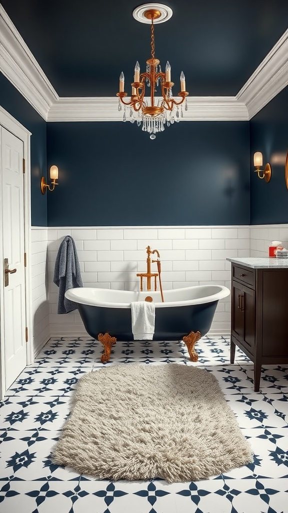 Luxury farmhouse bathroom featuring a clawfoot tub, blue walls, gold accents, and intricate tile flooring.