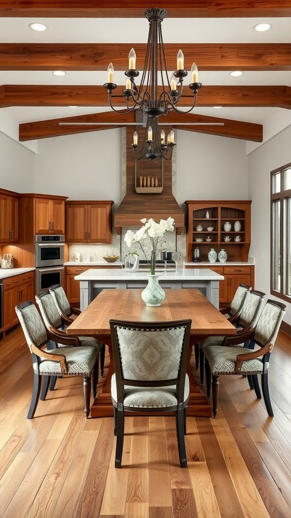 Luxury farmhouse kitchen and dining room with wooden beams, elegant table, and stylish chairs