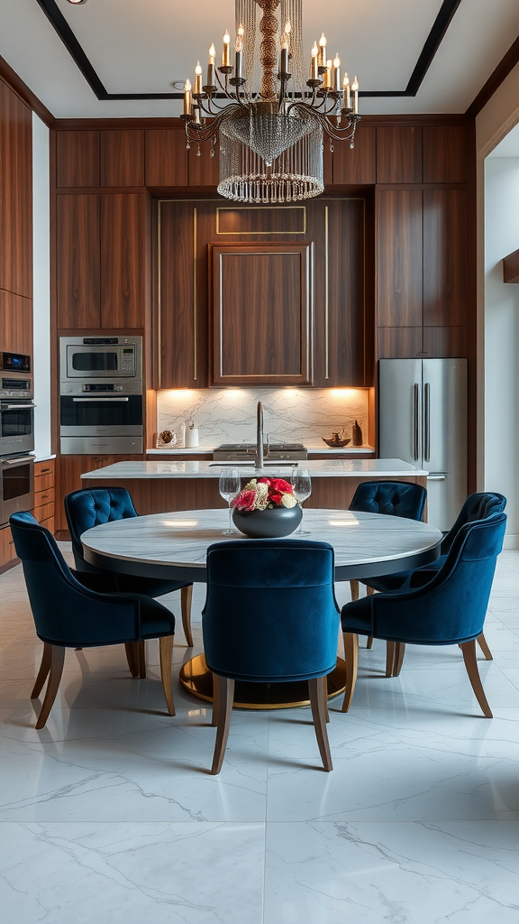 A luxurious kitchen and dining room combination featuring a round marble table with blue velvet chairs and a stunning chandelier.