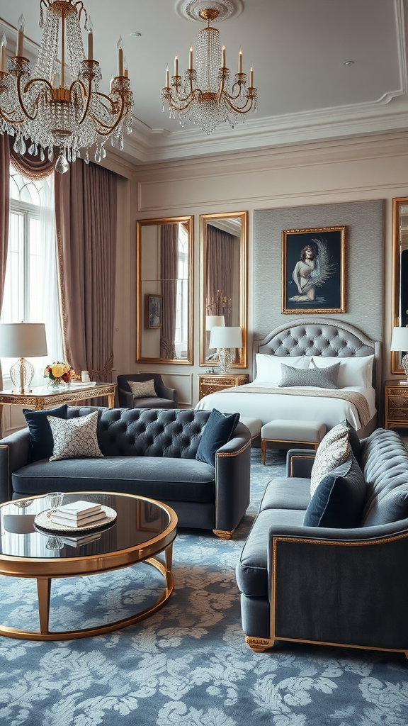 Elegant luxury hotel suite with combined living room and bedroom, featuring plush sofas, a chandelier, and a stylish bed.