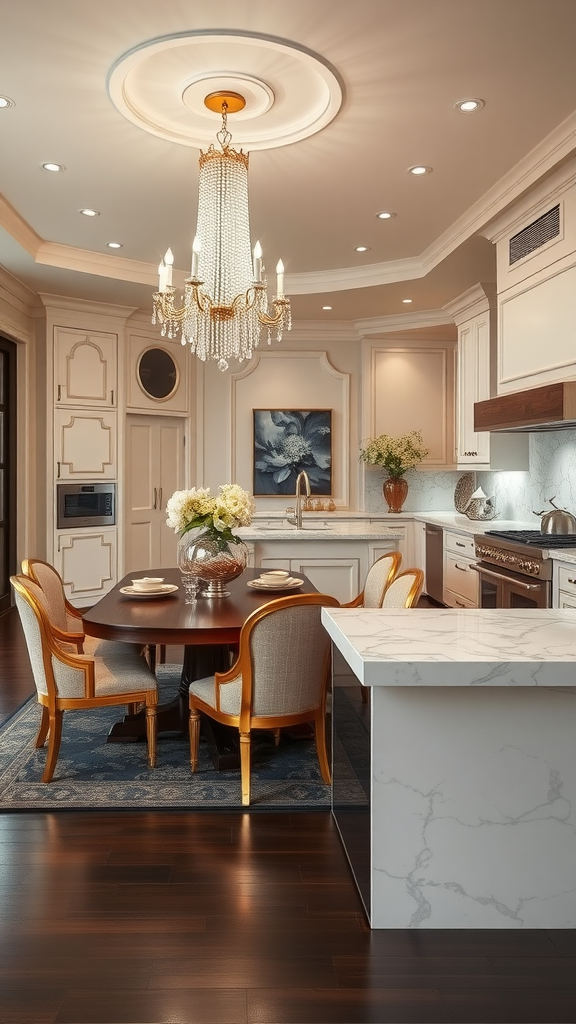 A luxury kitchen and dining area featuring a marble countertop, a round dining table, elegant chairs, and a chandelier.