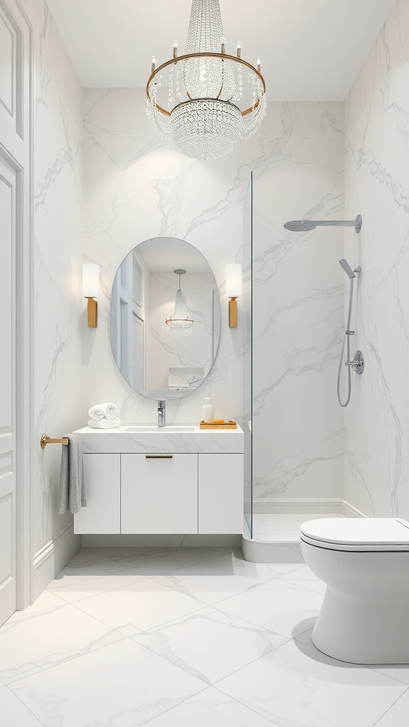 A luxury marble bathroom featuring a chandelier, marble walls, and a sleek vanity.