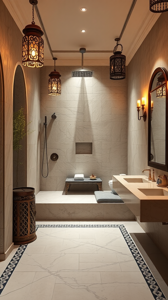 A luxury Moroccan hammam featuring elegant stone walls, ornate lanterns, a rainfall shower, and a spacious seating area.