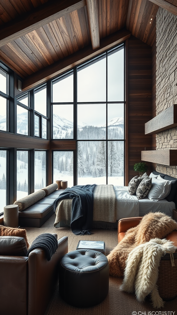 A luxurious rustic bedroom with large windows overlooking snowy mountains, featuring wooden beams, plush seating, and cozy textiles.