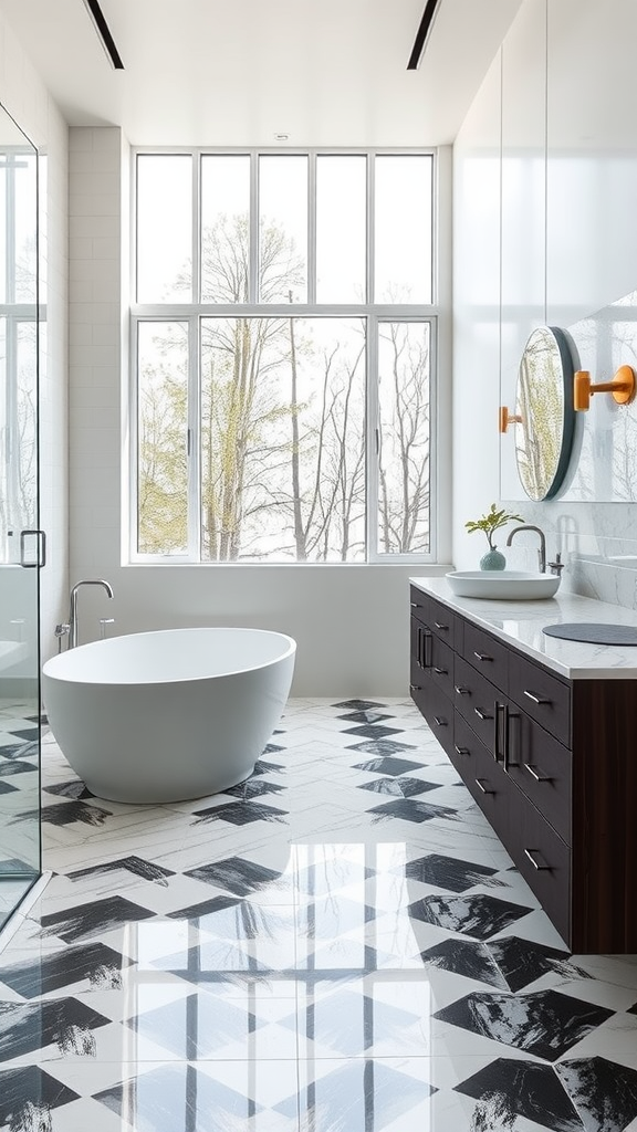 A luxurious Nordic bathroom featuring a freestanding bathtub, large windows, patterned floor, and modern cabinetry.