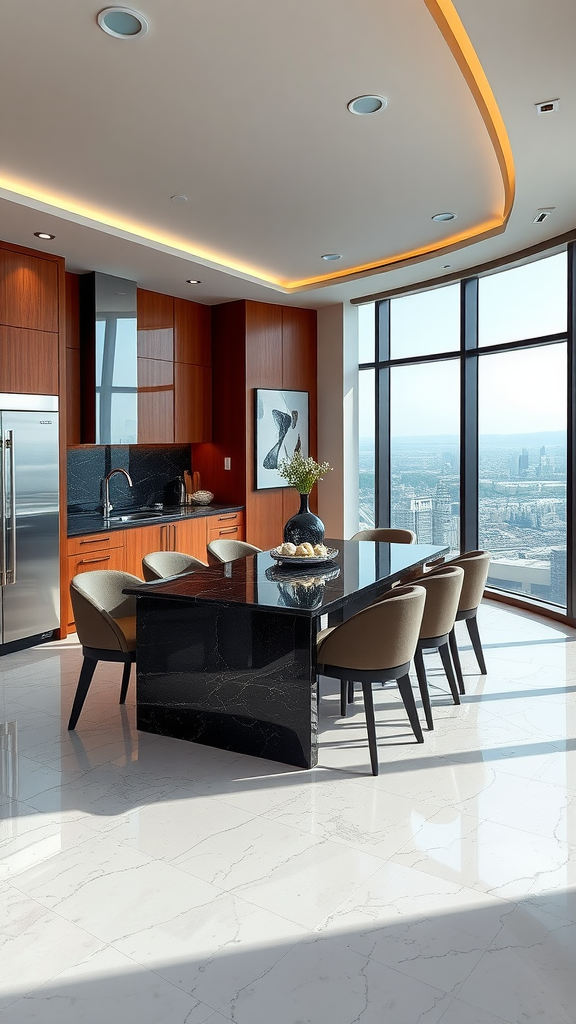 Luxury penthouse kitchen and dining room with a black marble table and large windows offering city views.