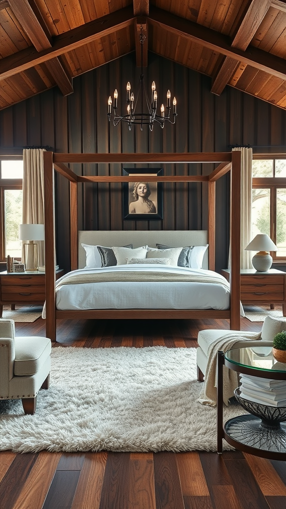 A luxurious rustic master bedroom featuring a four-poster bed, wooden beams, and a plush rug.