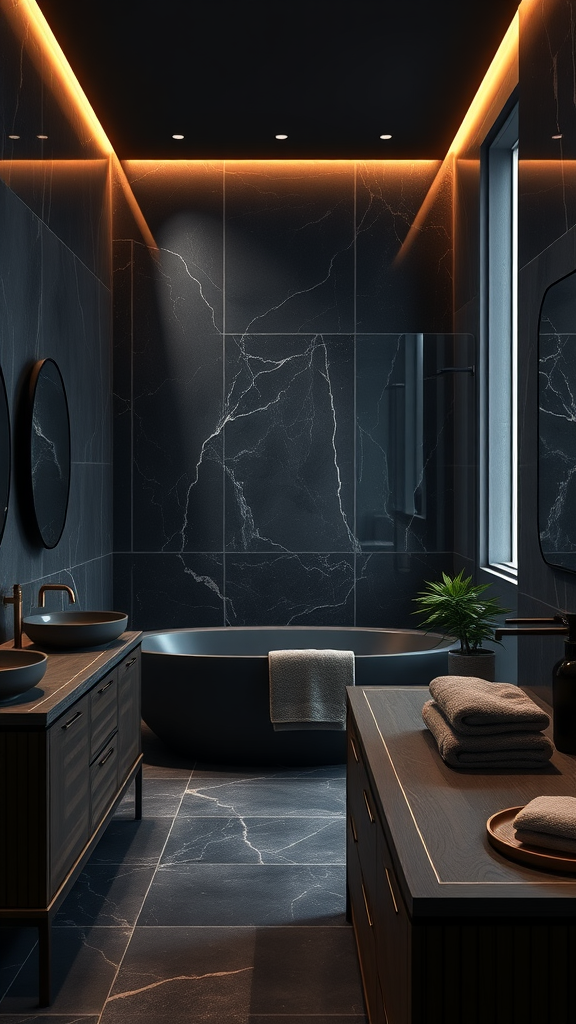 A luxurious dark grey bathroom featuring marble walls, a freestanding tub, elegant lighting, and stylish decor.