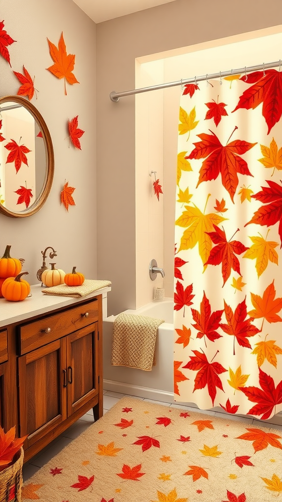 A cozy bathroom decorated with maple leaf motifs in fall colors, featuring a shower curtain, rug, and pumpkins.