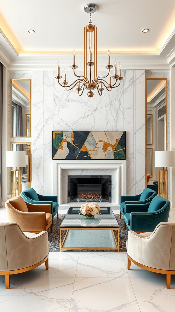 An elegant Art Deco inspired living room featuring marble walls, a glass coffee table, plush seating, and a stunning chandelier.