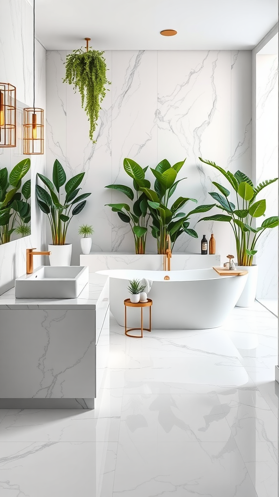 A modern bathroom featuring white marble walls and floors, lush green plants, a soaking tub, and copper fixtures.