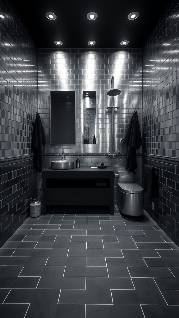 A modern bathroom featuring metallic silver tiles and black accents with bright lighting.