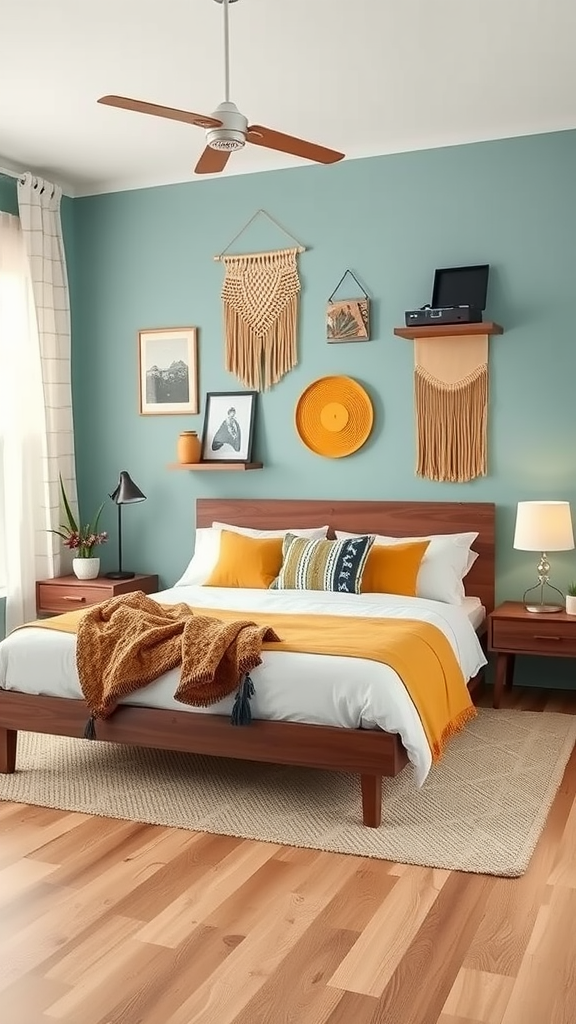 A cozy mid-century bohemian bedroom featuring a wooden bed with colorful pillows, macramé wall hangings, and soft lighting.