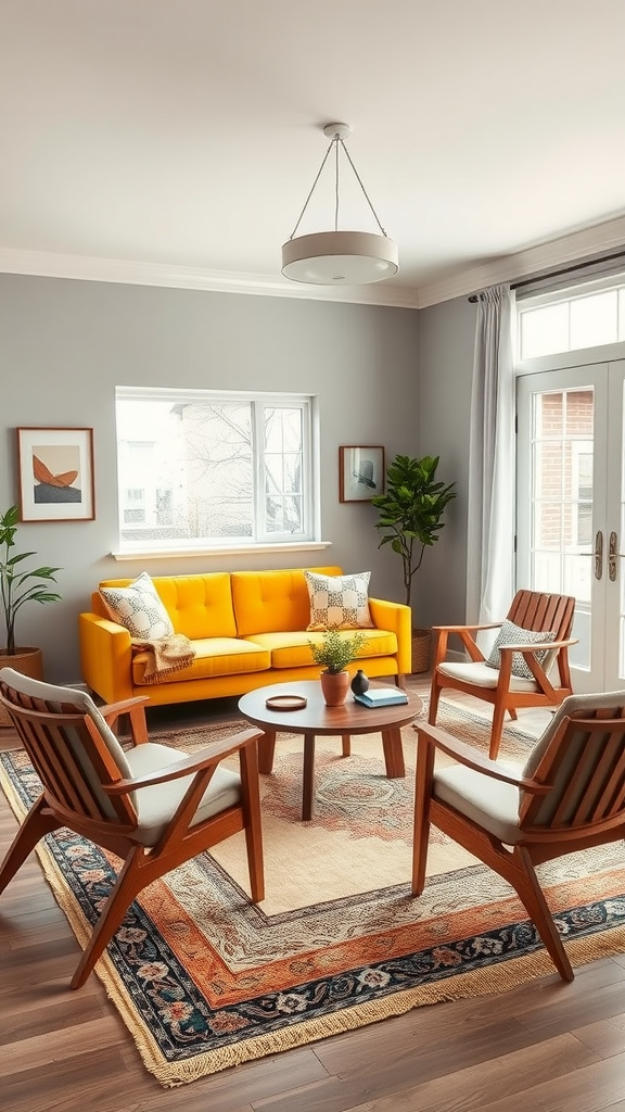 Cozy mid-century cottage living room featuring a yellow sofa, wooden chairs, and a round coffee table.