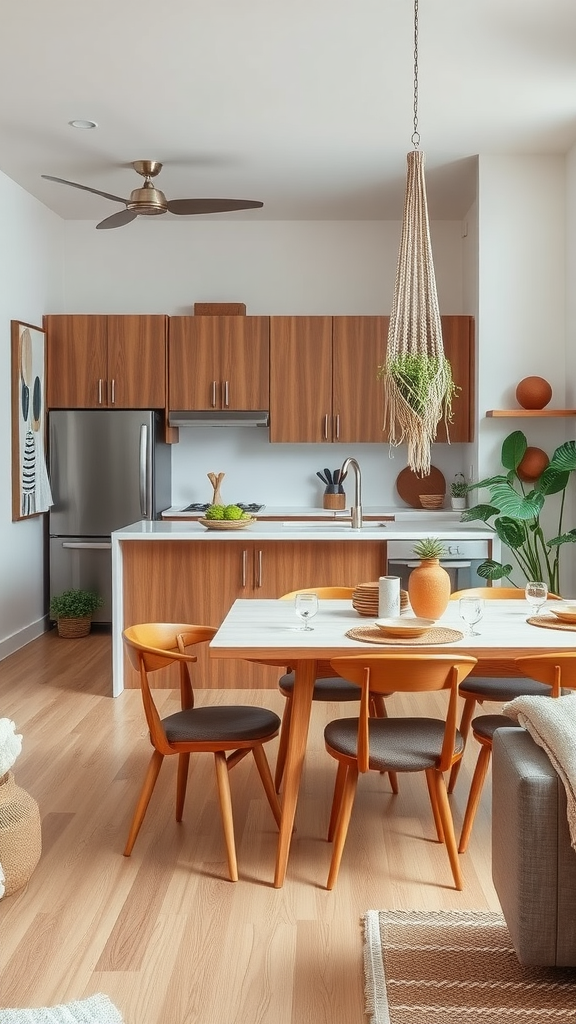 A kitchen and dining room featuring mid-century modern and boho decor elements, with wooden cabinets, a white island, orange chairs, and green plants.