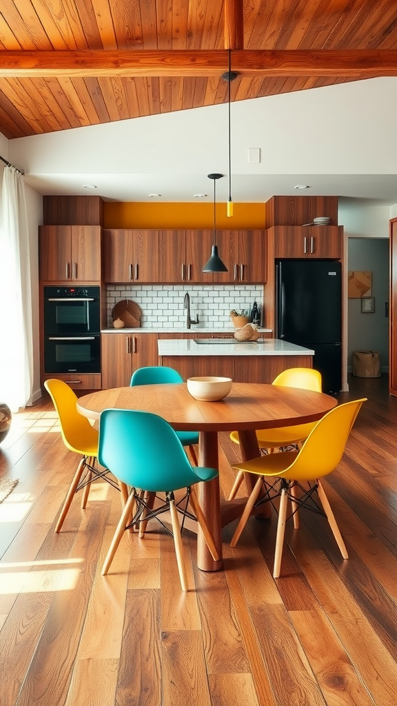 A mid-century modern kitchen and dining area showcasing warm wood tones, a round dining table, and colorful chairs.