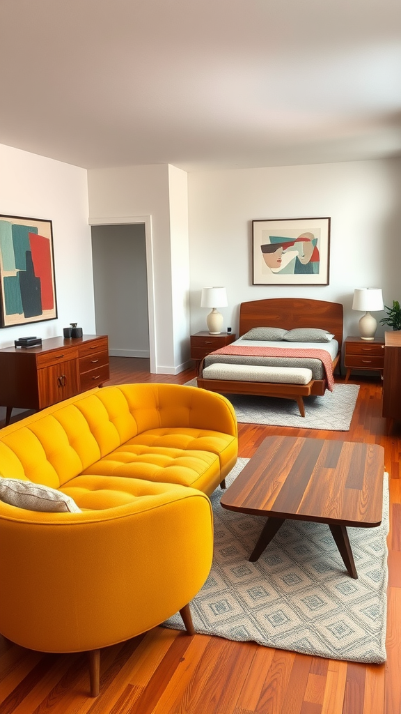 Mid-century modern living room and bedroom combo showcasing a yellow couch, wooden furniture, and cozy decor.