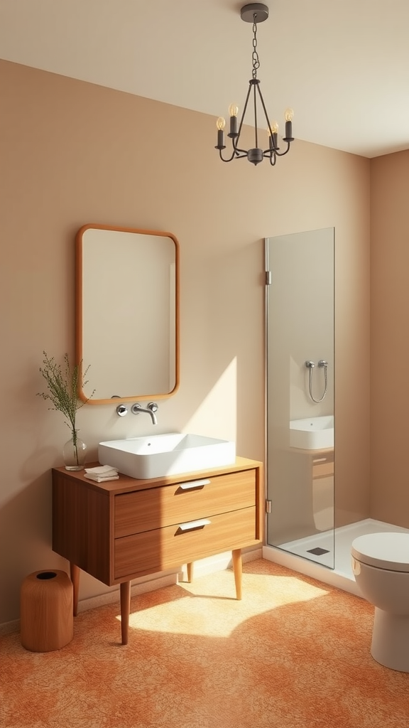 A mid-century modern minimalist bathroom with a wooden vanity, a large mirror, and a glass shower.