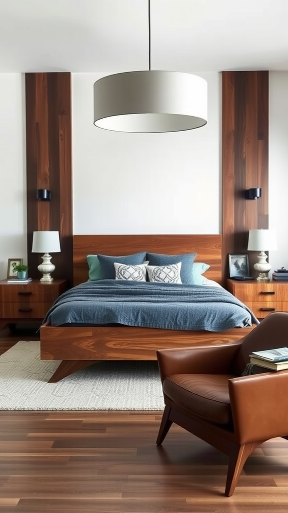 A mid-century modern rustic bedroom featuring a wooden bed, blue bedding, and a cozy leather chair.