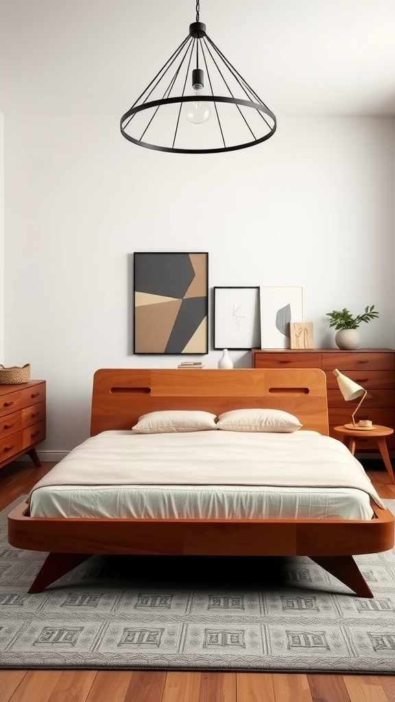 Mid-century modern bedroom with wooden bed, stylish pendant light, and framed artwork.