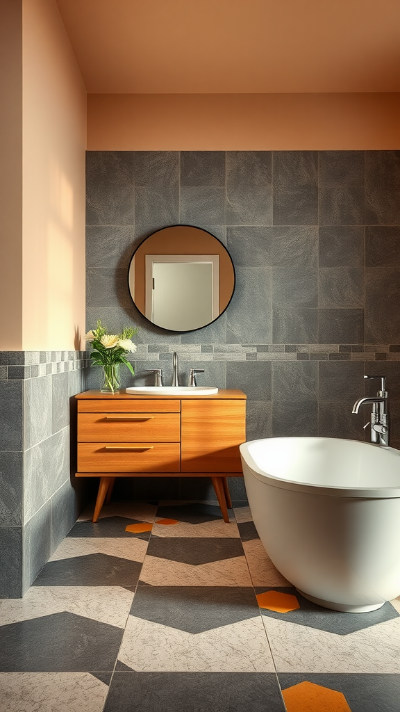 A modern bathroom featuring stone tiles, a wooden vanity, a round mirror, and a freestanding bathtub.