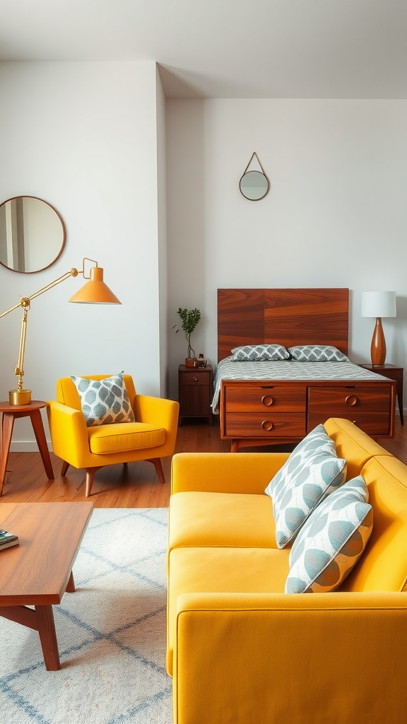 A mid-century revival living room and bedroom combo featuring a yellow sofa, wooden furniture, and elegant decor.