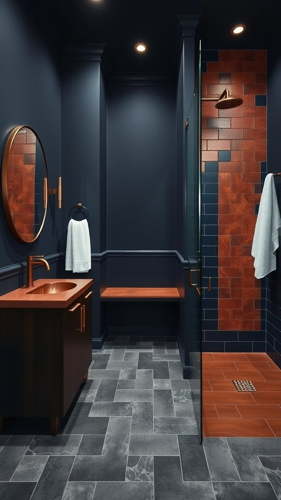 Stylish bathroom featuring midnight blue walls and copper accents.