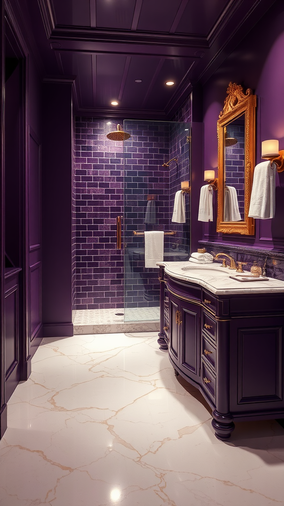 A luxurious bathroom featuring midnight purple walls and gold accents.