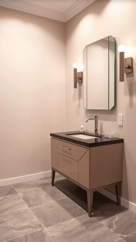 Minimalist Art Deco bathroom with a sleek vanity, modern lighting, and simple decor.