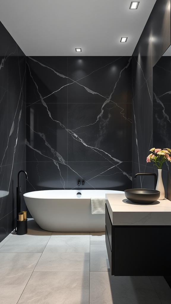 Minimalist bathroom featuring black marble walls, a white bathtub, and modern fixtures.