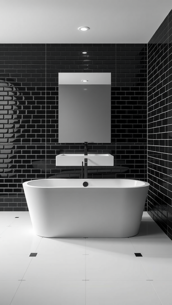 A minimalist bathroom featuring black tiles on the walls and a white freestanding bathtub.