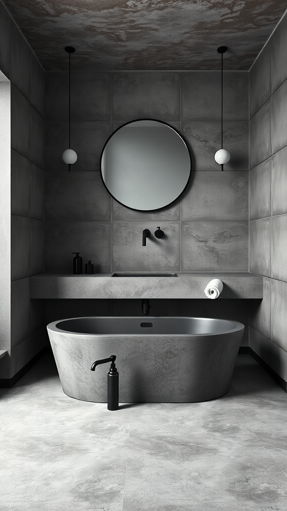 Minimalist concrete bathroom featuring a sleek tub, smooth walls, and simple lighting.