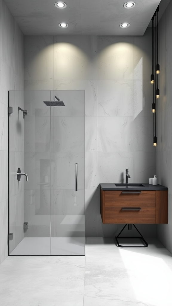 Minimalist bathroom featuring concrete walls, a glass shower enclosure, and a wooden vanity.