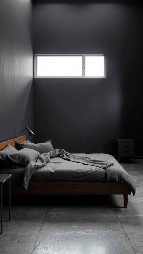 A minimalist dark bedroom featuring a bed with gray linens, dark walls, and a large window.