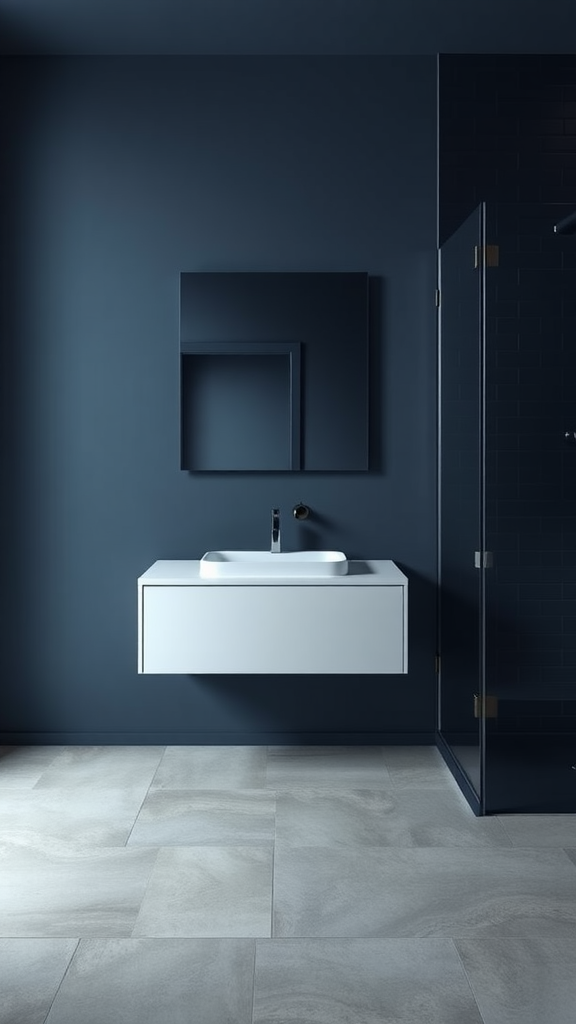 Minimalist dark blue bathroom featuring a floating white vanity and glass shower