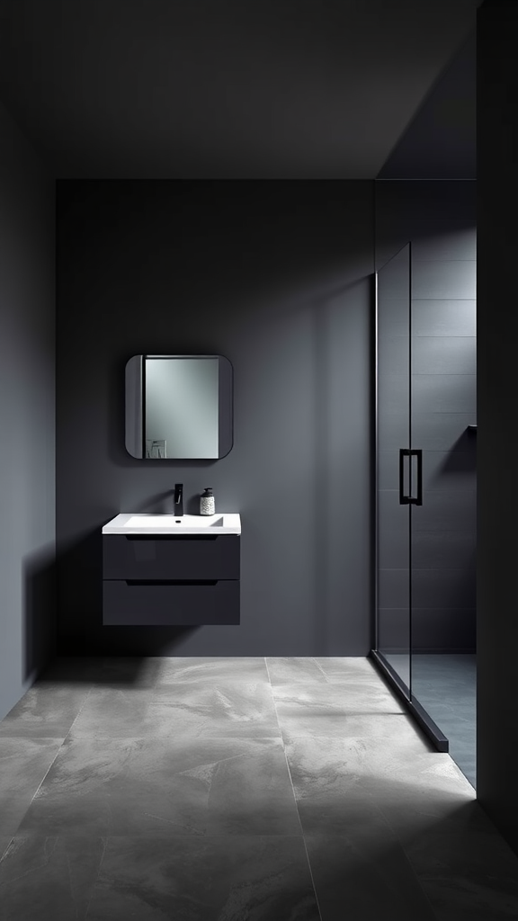 Minimalist dark grey bathroom with a wall-mounted sink, sleek mirror, and glass shower enclosure.