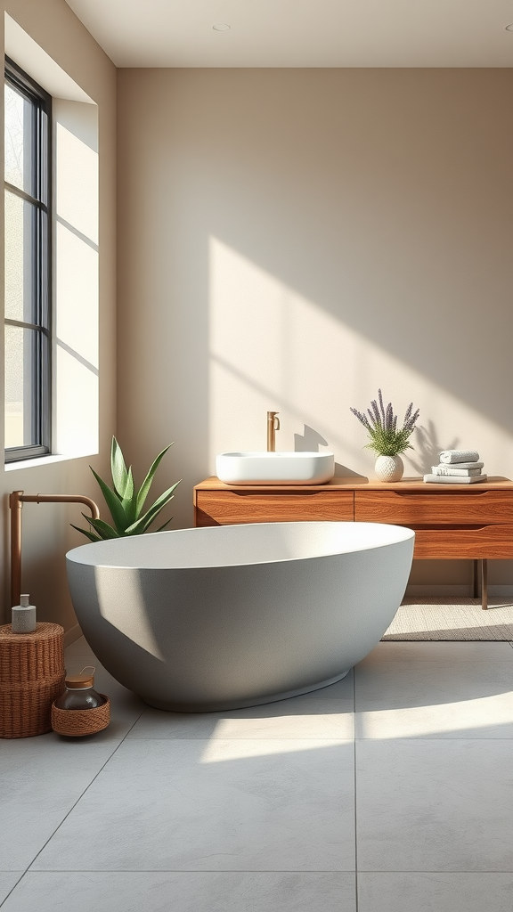 A minimalist bathroom featuring a gray oval bathtub, wooden vanity, and natural light.