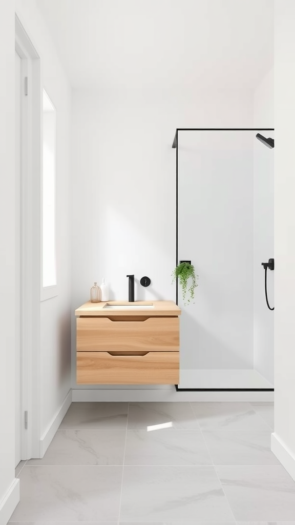 A minimalist farmhouse bathroom featuring a wooden vanity, glass shower, and light color scheme.