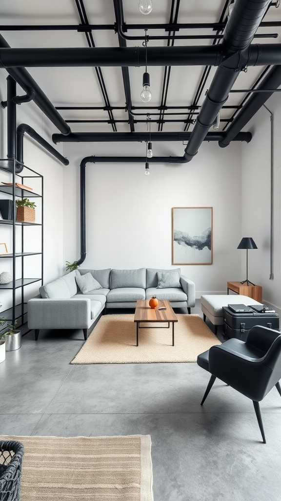 Minimalist industrial living room with gray sofa, black pipes, and wooden coffee table.